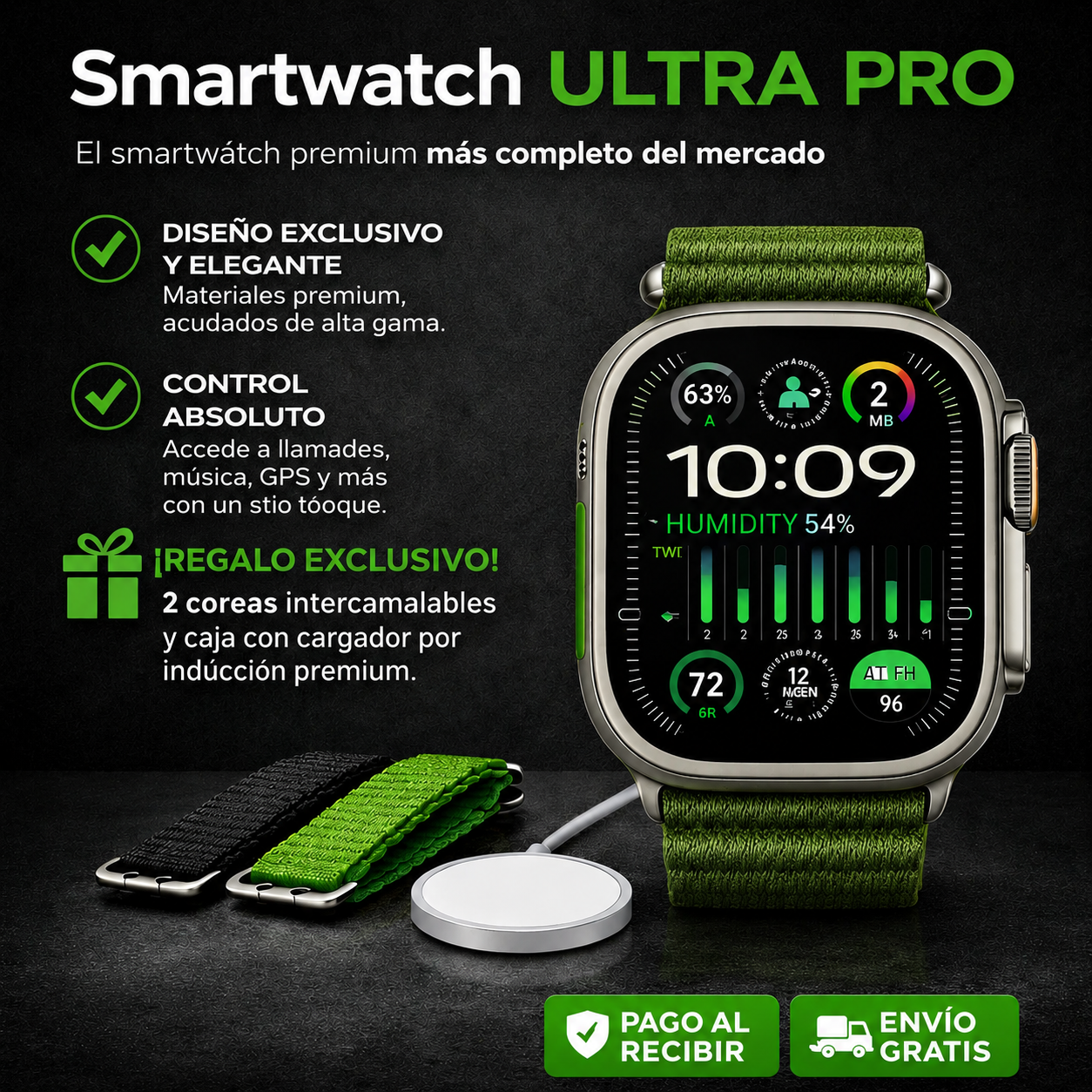 SMARTWATCH ULTRA CON 2 CORREAS INCLUIDAS + CAJA PREMIUM Y CARGADOR INALÁMBRICO ¡ENVÍO GRATIS! 🔥