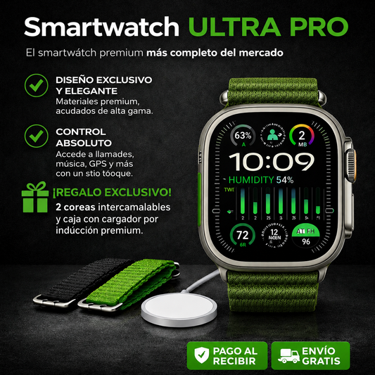 SMARTWATCH ULTRA CON 2 CORREAS INCLUIDAS + CAJA PREMIUM Y CARGADOR INALÁMBRICO ¡ENVÍO GRATIS! 🔥