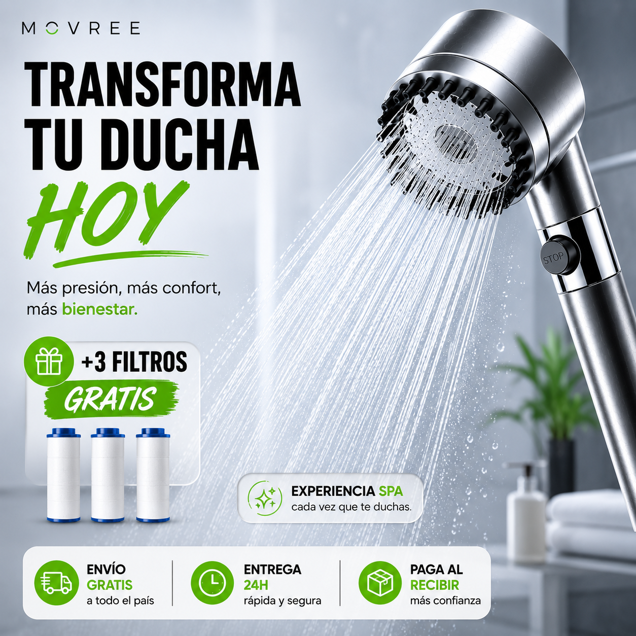 DUCHA DE ALTA PRESIÓN + KIT DE 3 FILTROS DE REGALO + ENVÍO GRATIS + PAGO AL RECIBIR 🔥